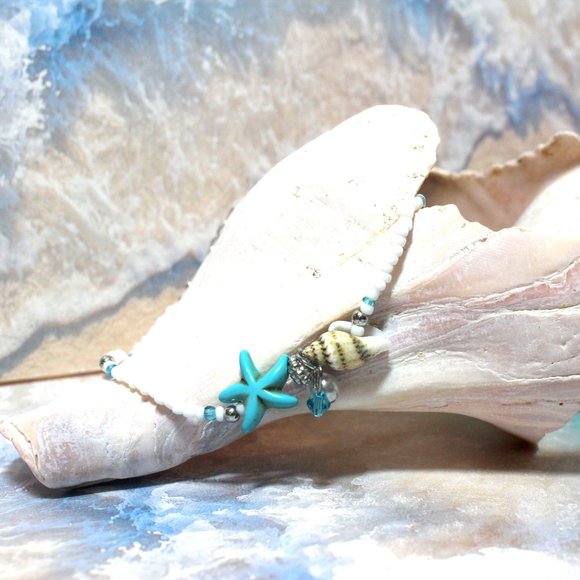 🐠🐟🐚White Turquoise Starfish Pearl Seashell Dangle Beachy Ankle Bracelet 🐚 - Picture 3 of 5